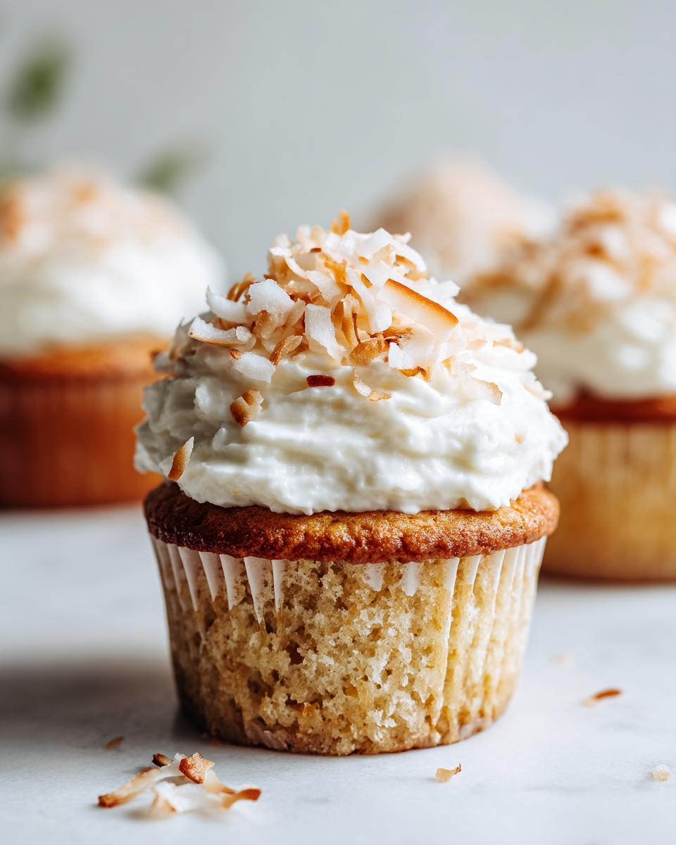 A close-up of one of the amazing coconut cupcakes, topped with white frosting and toasted coconut flakes.