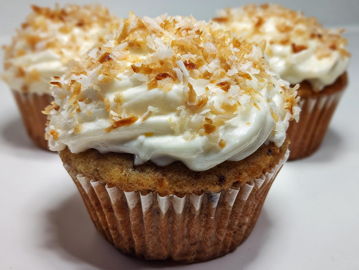 A close-up of one perfectly frosted coconut cupcake topped with toasted coconut flakes, with two more coconut cupcakes blurred in the background.