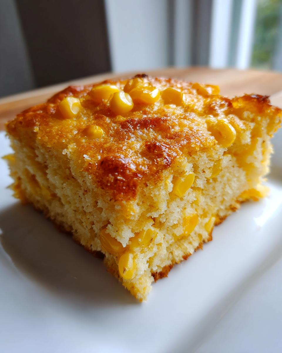 Close-up of a moist, golden slice of cornbread casserole topped with visible sweet corn kernels.