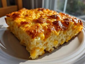 A close-up slice of golden brown cornbread casserole with visible corn kernels, served on a white plate.
