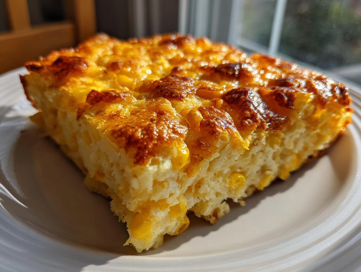 A close-up slice of golden brown cornbread casserole with visible corn kernels, served on a white plate.