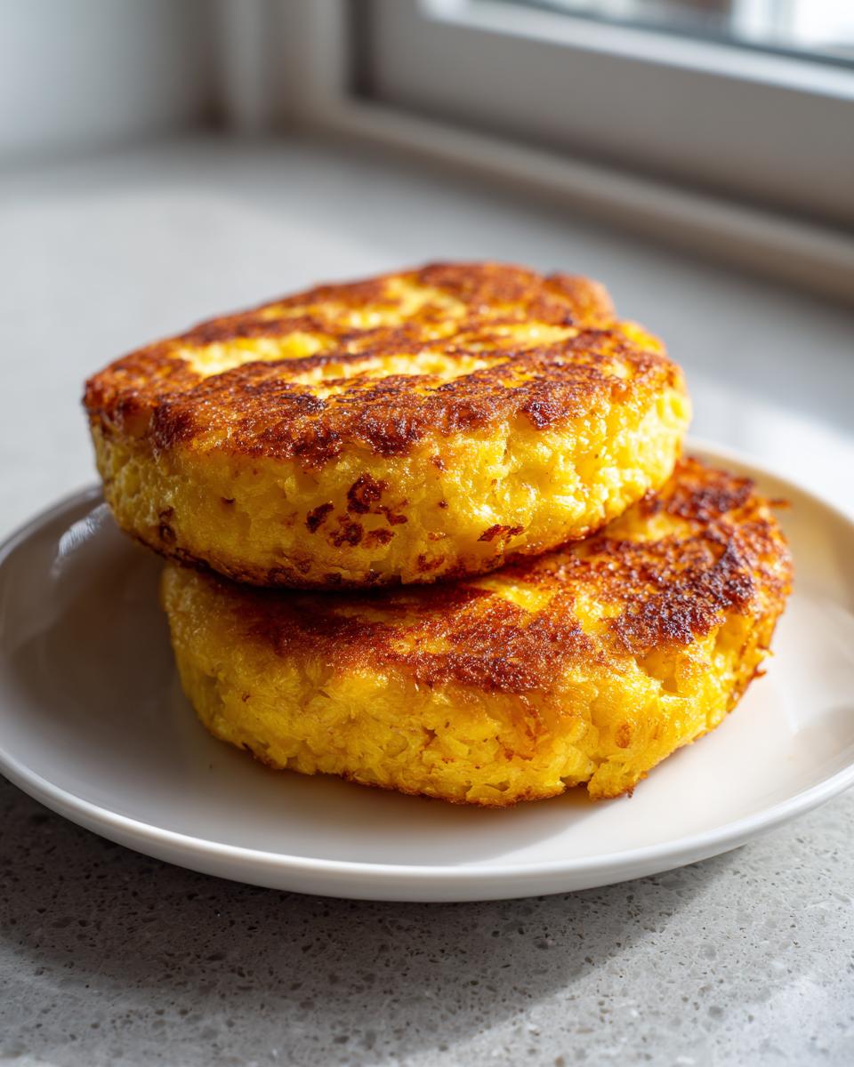 Two golden-brown, round patties of amazing fried cornbread stacked on a white plate.