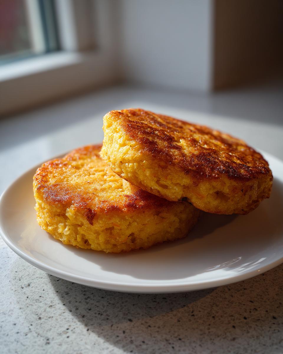 Two perfectly round, golden-brown fried cornbread patties stacked slightly on a white plate near a window.