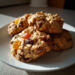 A stack of delicious fruitcake cookies loaded with candied fruit and nuts, highlighted by bright sunlight.