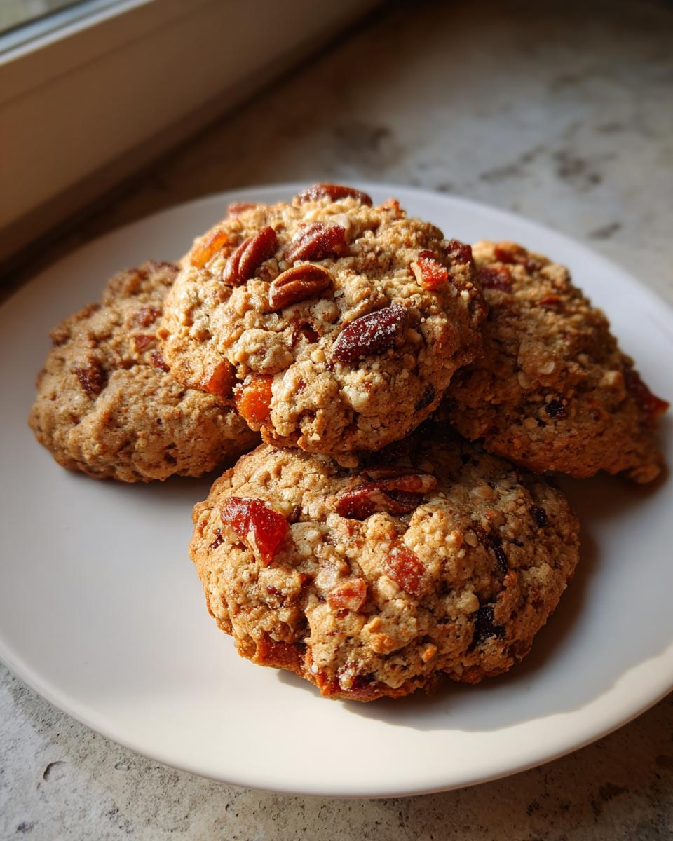 A small stack of four golden brown fruitcake cookies topped with pecans and candied fruit pieces.