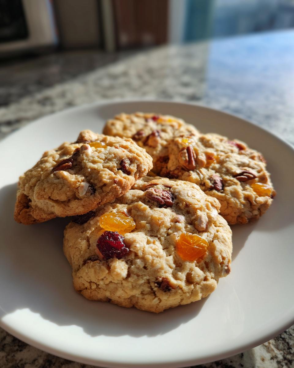 Close-up of four delicious fruitcake cookies loaded with dried fruit and pecans on a white plate.