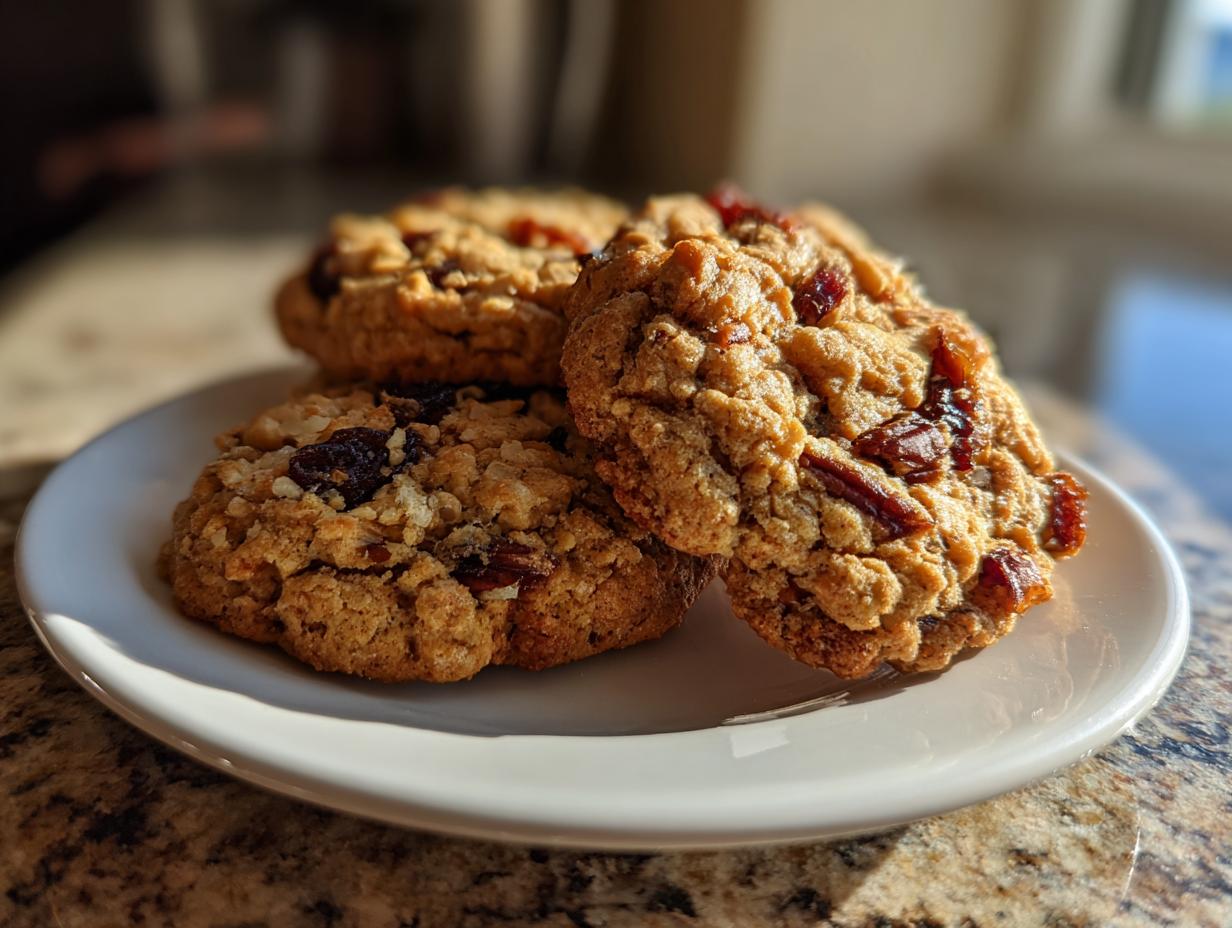 Three golden brown fruitcake cookies, studded with dried fruit and oats, resting on a white plate.