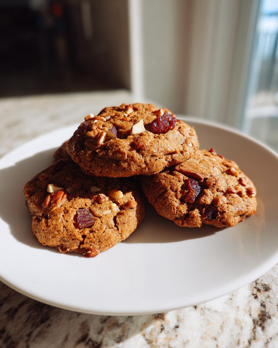 A small stack of three amazing fruitcake cookies topped with dried fruit and nuts, resting on a white plate.