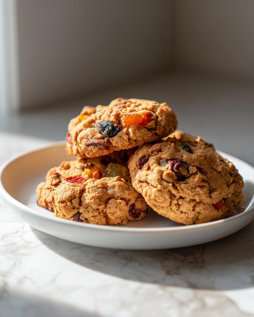 A stack of three delicious fruitcake cookies loaded with candied fruit pieces on a white plate.