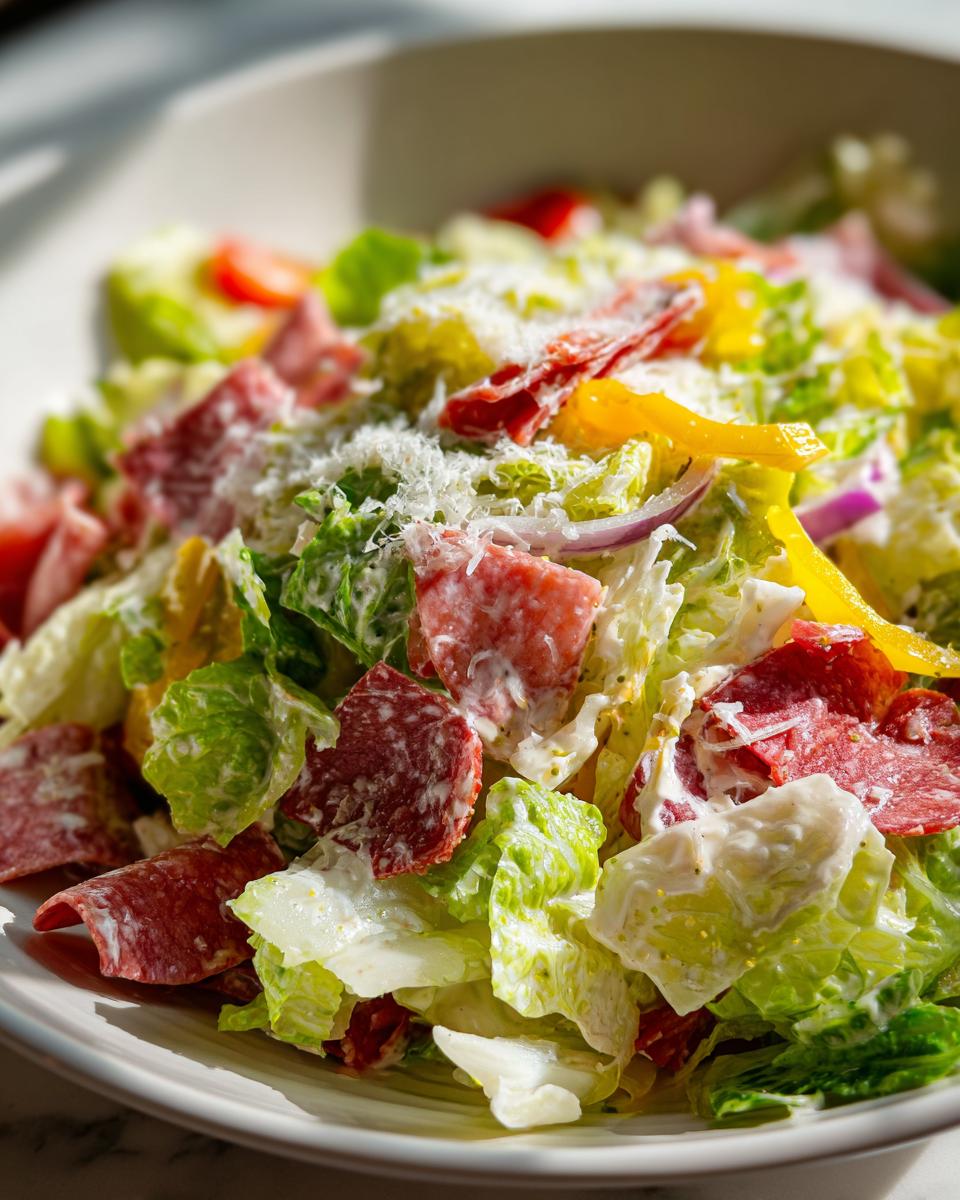 Close-up of a vibrant grinder salad featuring chopped lettuce, salami, yellow peppers, red onion, and creamy dressing topped with grated cheese.