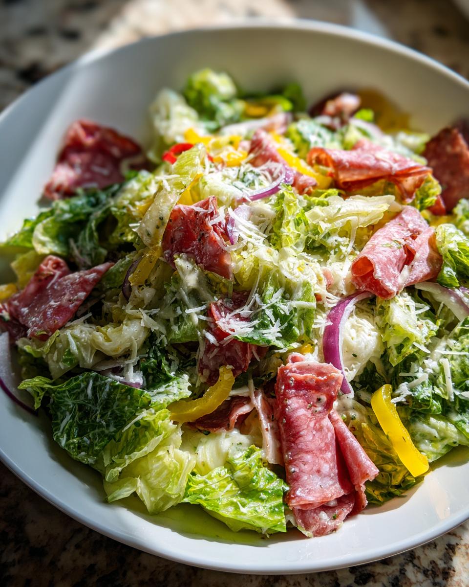 Close-up of a vibrant grinder salad featuring romaine lettuce, rolled salami, red onion, yellow peppers, and grated cheese.
