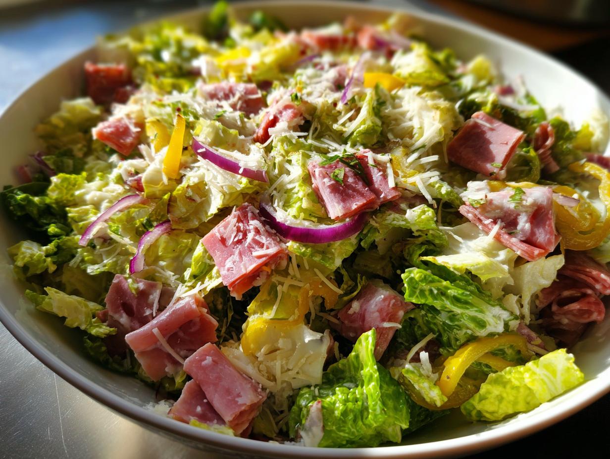A vibrant bowl filled with a fresh grinder salad featuring chopped lettuce, deli meats, red onion, and shredded cheese.