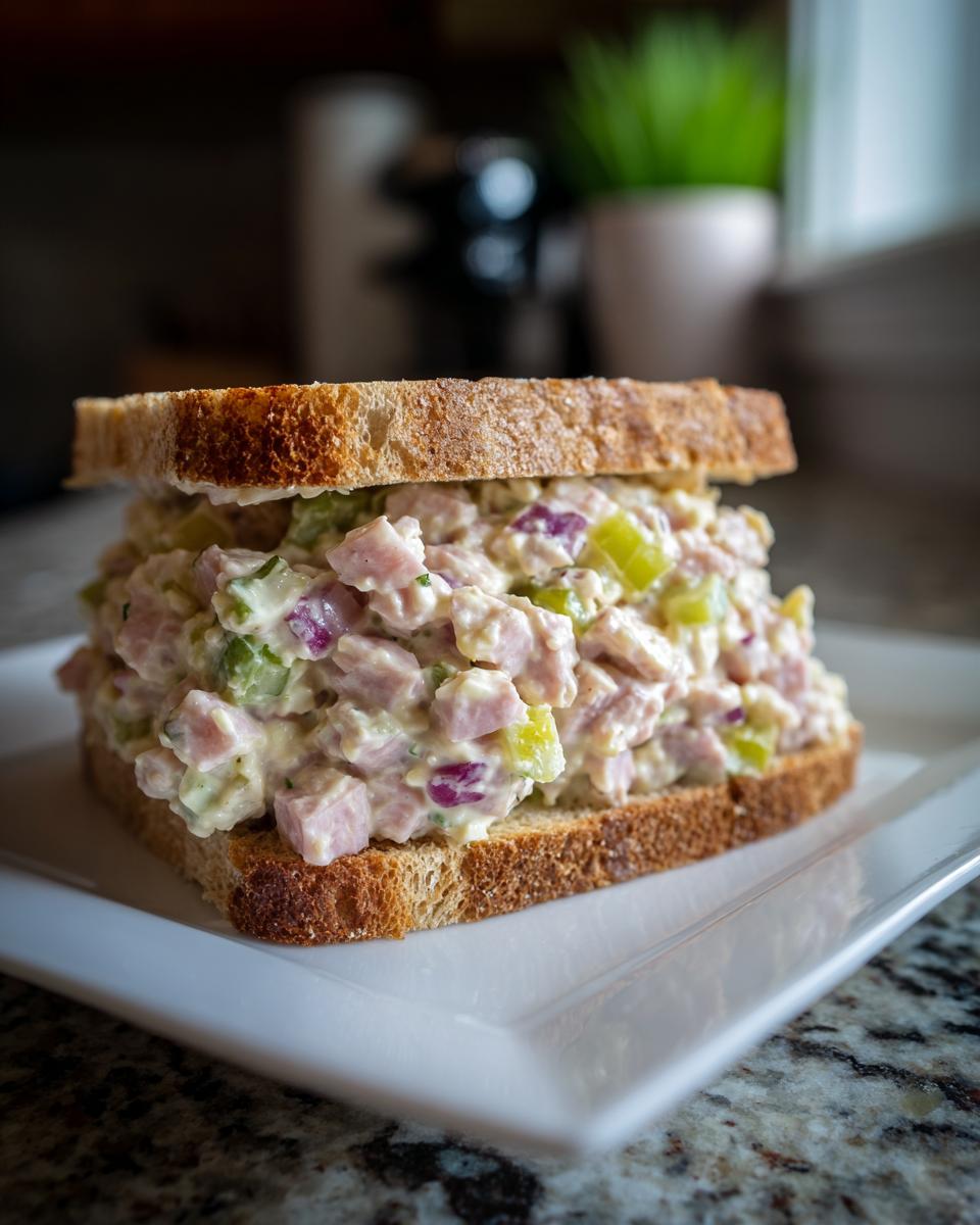 Close-up of a thick sandwich filled with creamy ham salad recipe, served on toasted whole wheat bread.