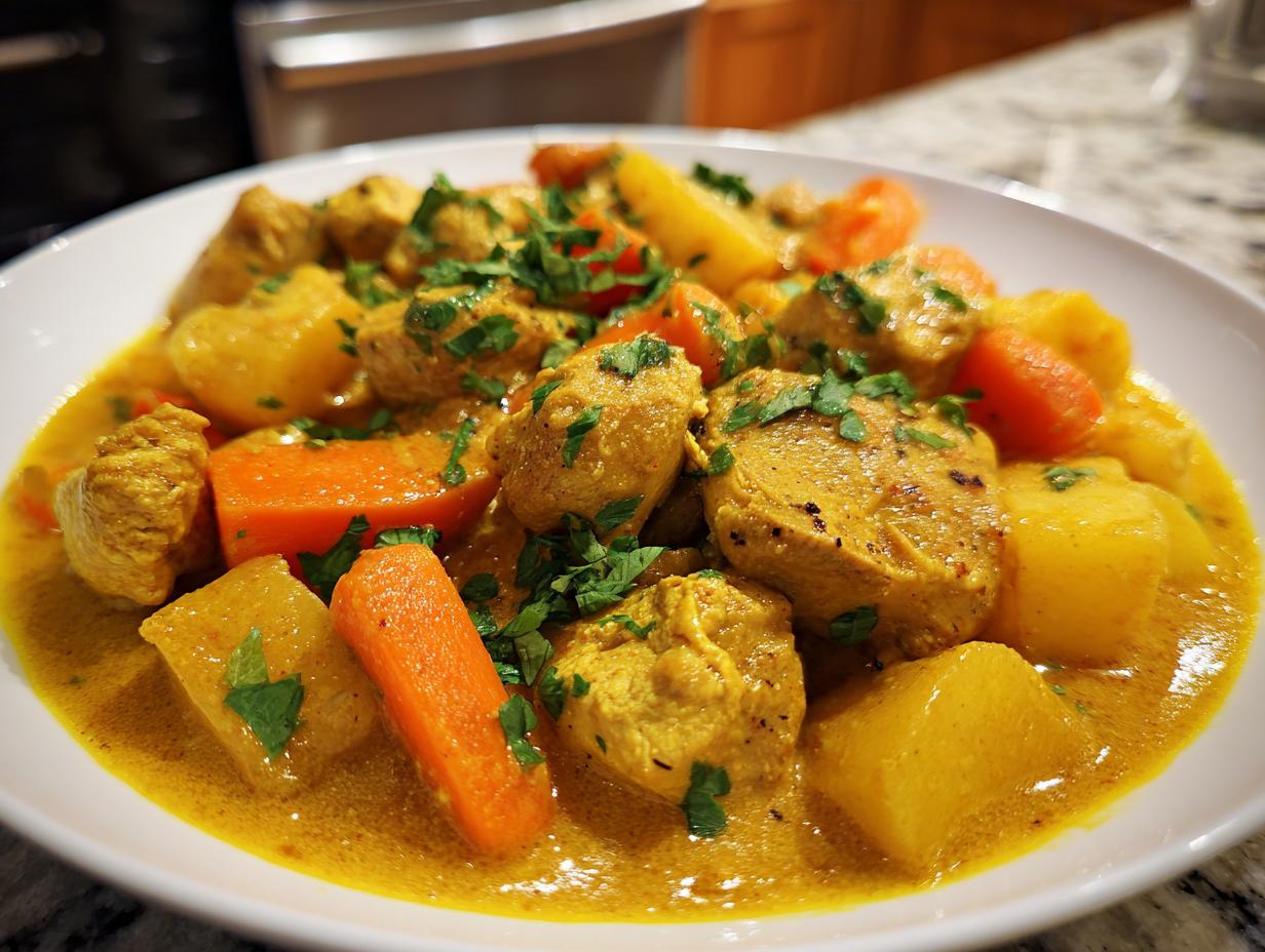 A close-up bowl of amazing jamaican curry chicken with potatoes, carrots, and fresh parsley garnish.