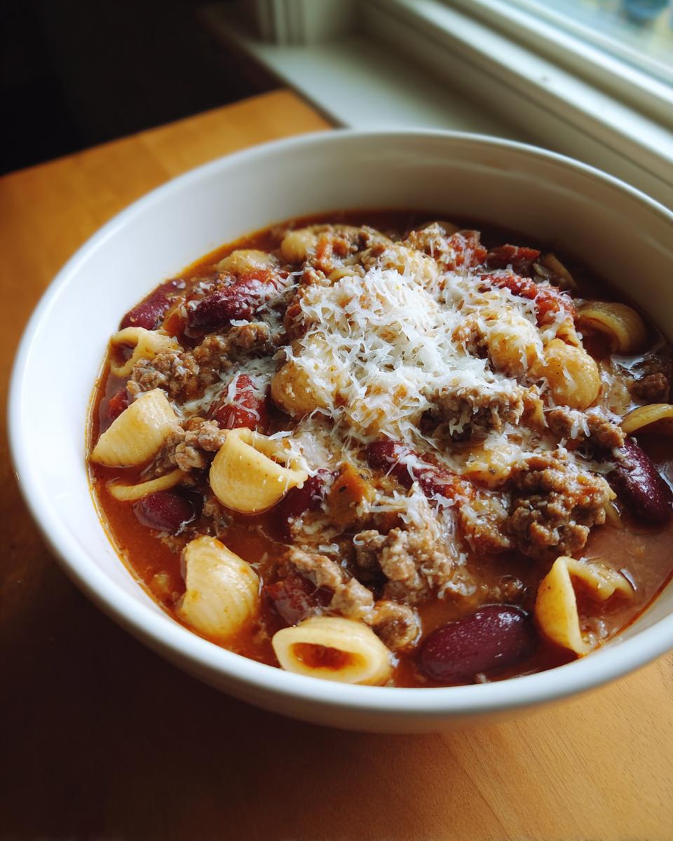 A close-up of a white bowl filled with hearty pasta fagioli, featuring pasta shells, ground meat, kidney beans, and topped with grated Parmesan cheese.