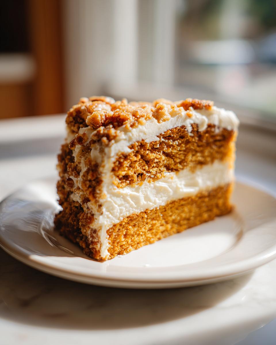 Close-up of a moist slice of pumpkin crunch cake layered with white cream cheese frosting and topped with crunchy streusel.