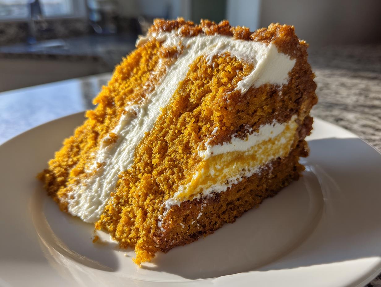A tall, layered slice of bright orange pumpkin crunch cake with thick white cream cheese frosting.