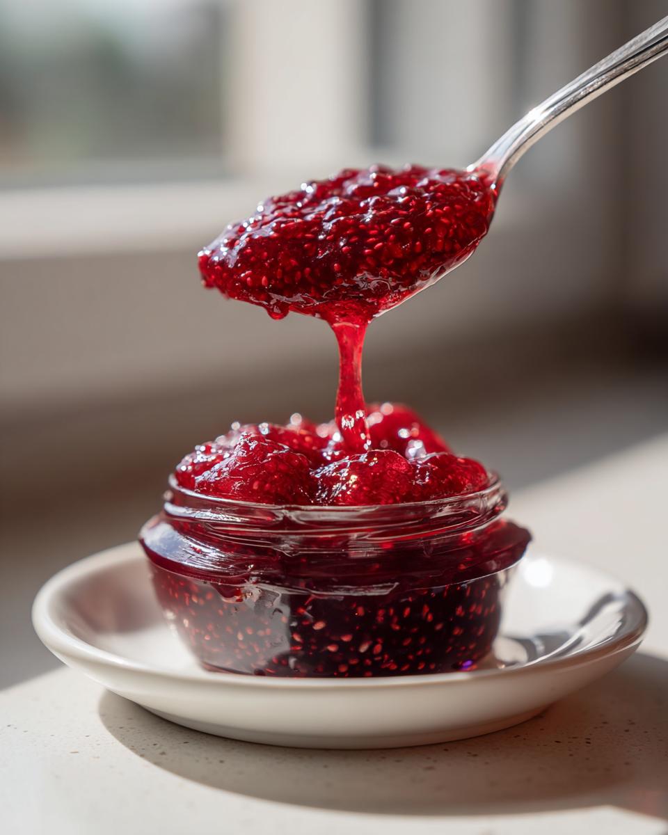 A spoonful of thick, vibrant red raspberry jam dripping back into a small jar.