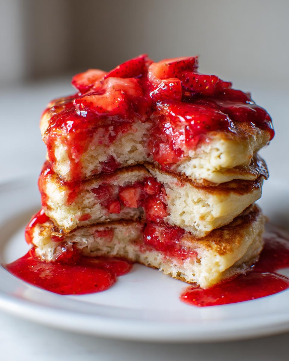 A cross-section view of fluffy strawberry pancakes stacked high and drenched in bright red strawberry sauce.