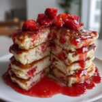 Cross-section view of a tall stack of amazing strawberry pancakes filled with fruit and drizzled with strawberry syrup.