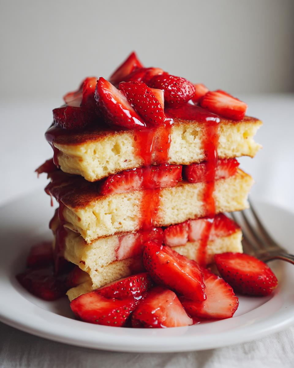 A tall stack of fluffy strawberry pancakes drizzled with strawberry syrup and topped with fresh sliced strawberries.