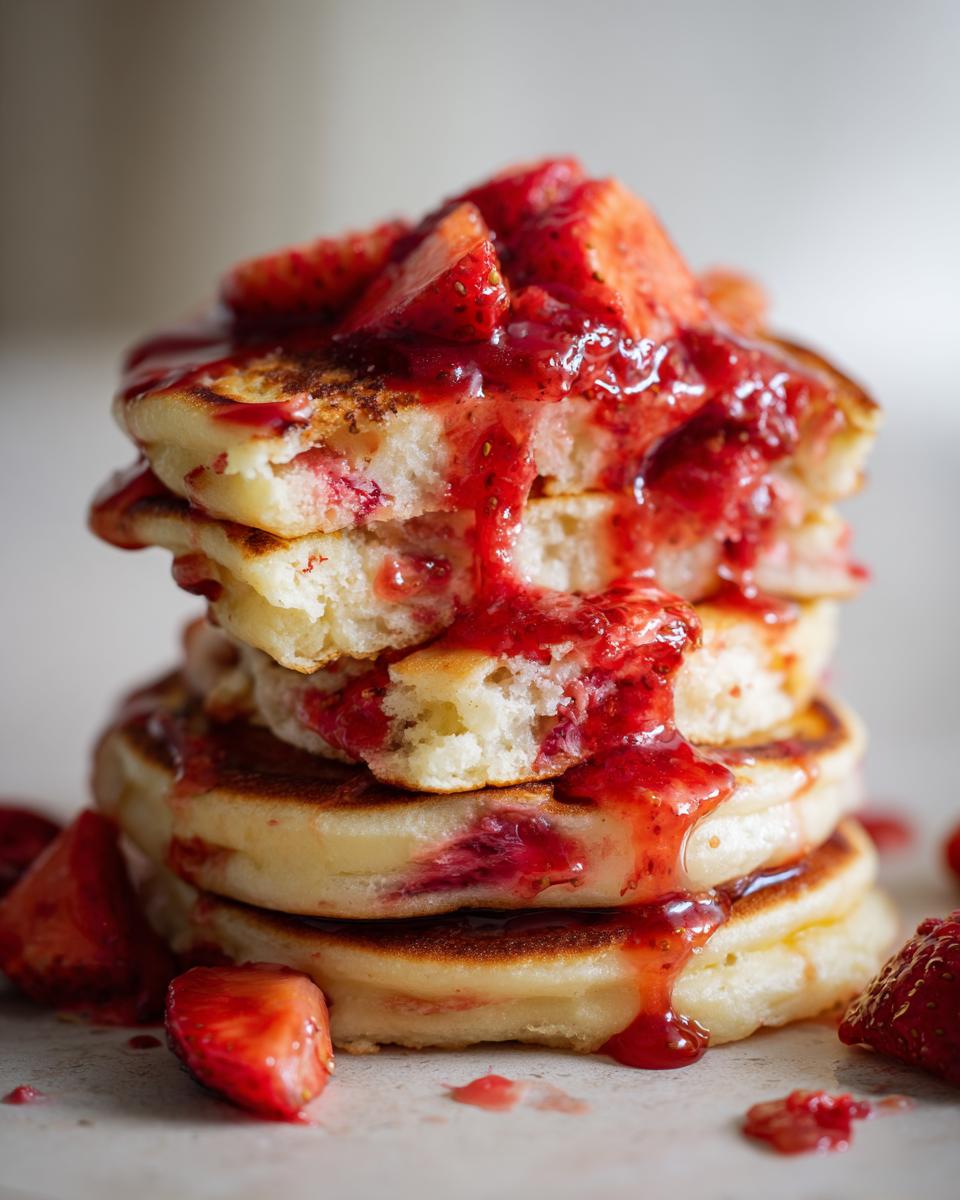 A close-up of a tall stack of fluffy strawberry pancakes dripping with strawberry syrup and topped with fresh strawberry slices.