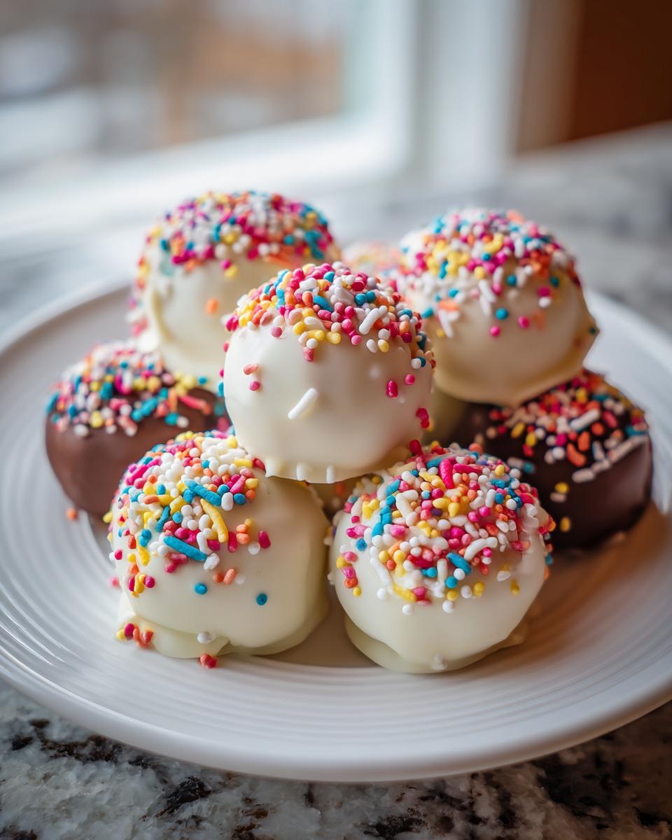 A stack of white chocolate sugar cookie truffles generously topped with colorful rainbow sprinkles, resting on a white plate.
