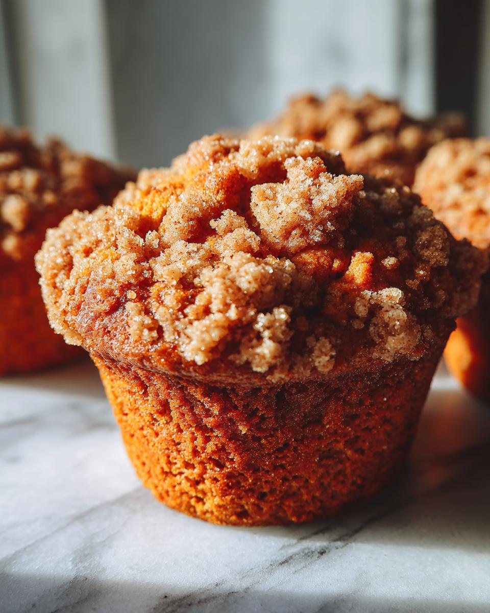 A close-up, macro shot of a freshly baked sweet potato muffin topped with a generous layer of brown sugar streusel topping.