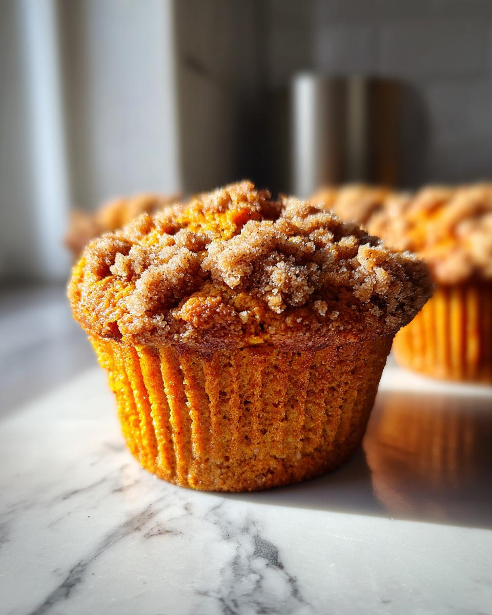A close-up, warmly lit photo of a single sweet potato muffin topped with brown sugar streusel.