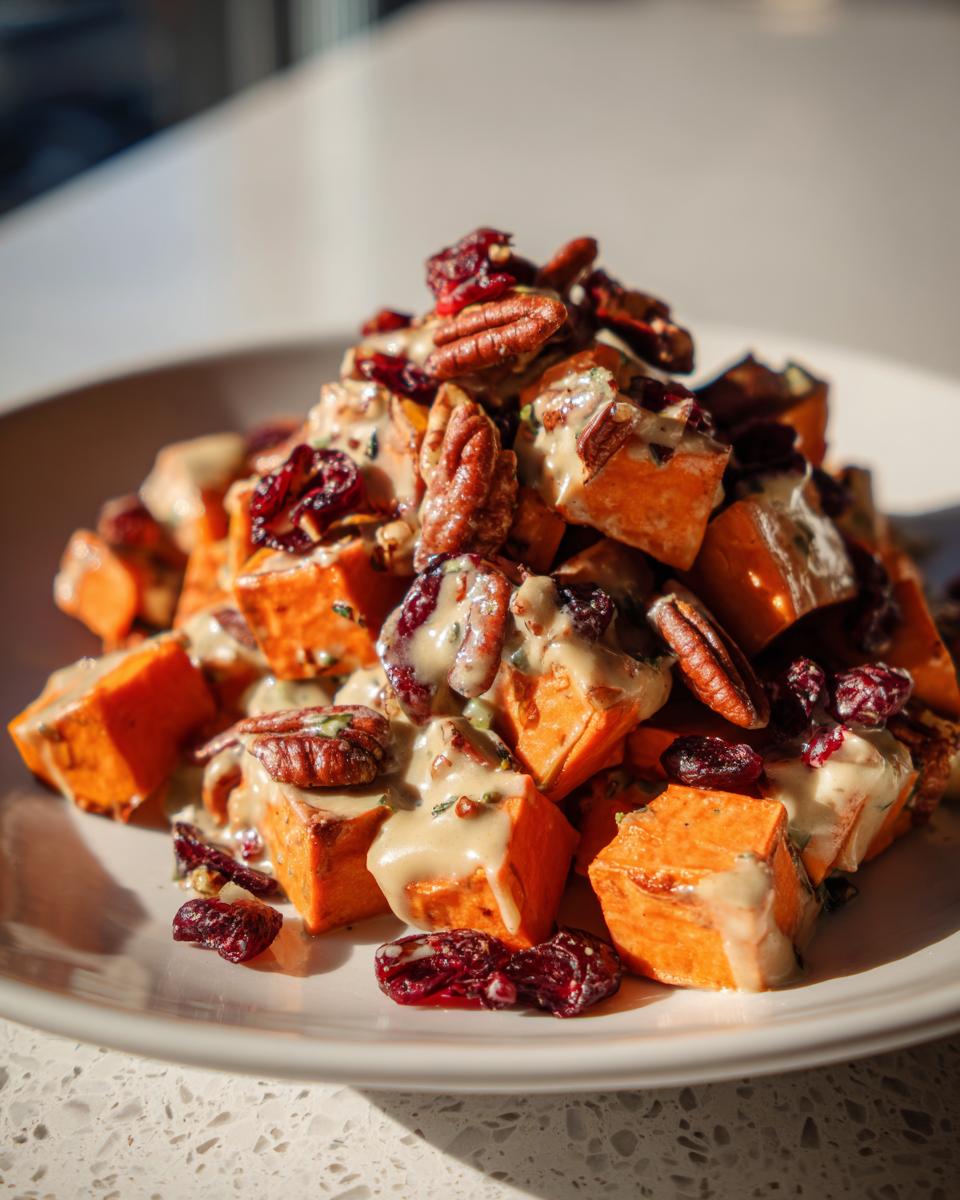 A mound of cubed sweet potato salad topped with creamy dressing, pecans, and dried cranberries.