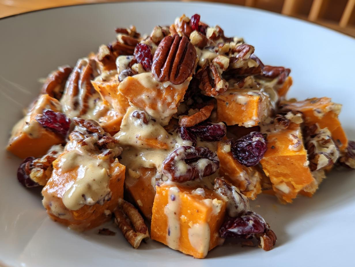 Close-up of chunky orange sweet potato salad topped with creamy dressing, pecans, and dried cranberries.
