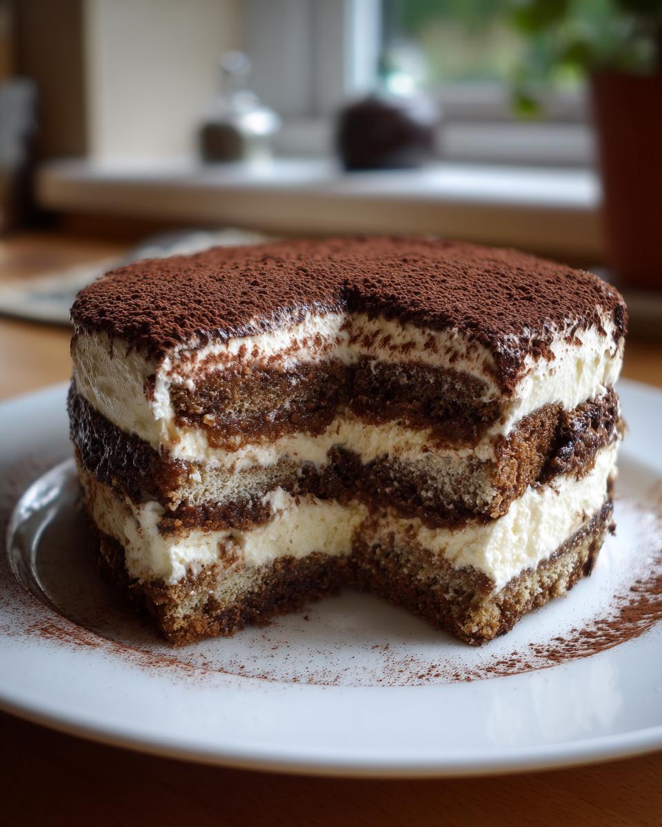 A layered tiramisu cheesecake with a slice removed, dusted heavily with cocoa powder.