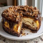 A rich turtle cheesecake with a slice removed, showing layers of chocolate, caramel, and creamy filling, topped with chocolate ganache and pecans.