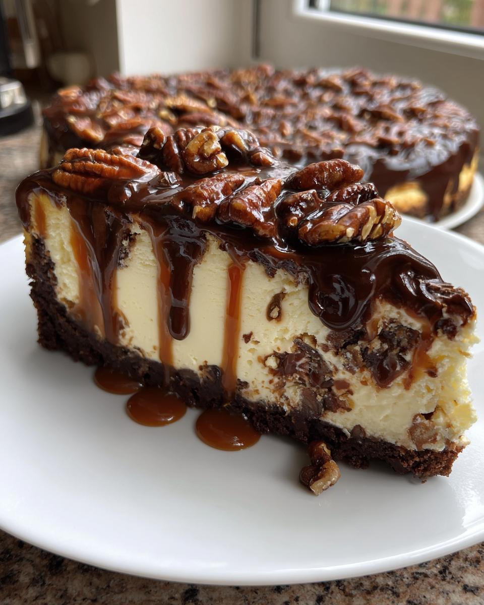A decadent slice of turtle cheesecake featuring a dark crust, creamy filling, chocolate drizzle, caramel drips, and pecans on top.