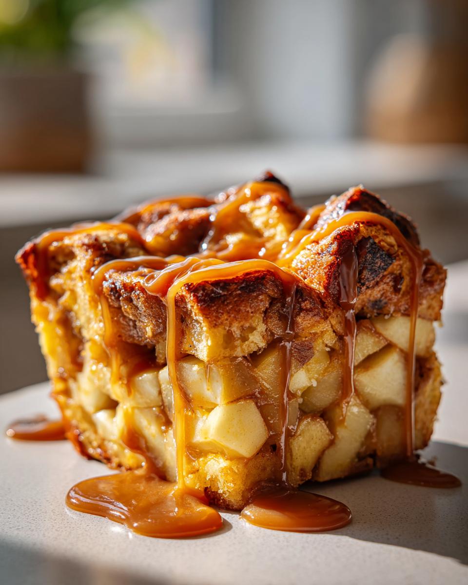 Close-up of a rich slice of apple bread pudding generously drizzled with thick caramel sauce.