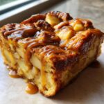 Close-up of a moist slice of apple bread pudding generously drizzled with rich caramel sauce.