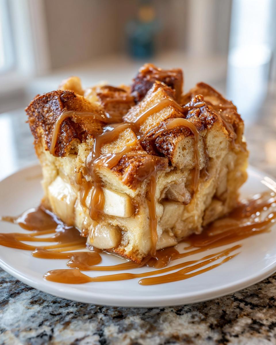 A square serving of warm apple bread pudding topped generously with rich caramel sauce.