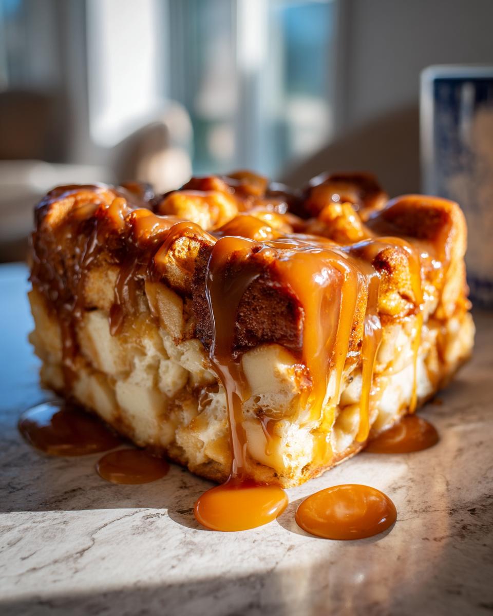 A close-up of a rich slice of apple bread pudding generously covered in dripping caramel sauce.