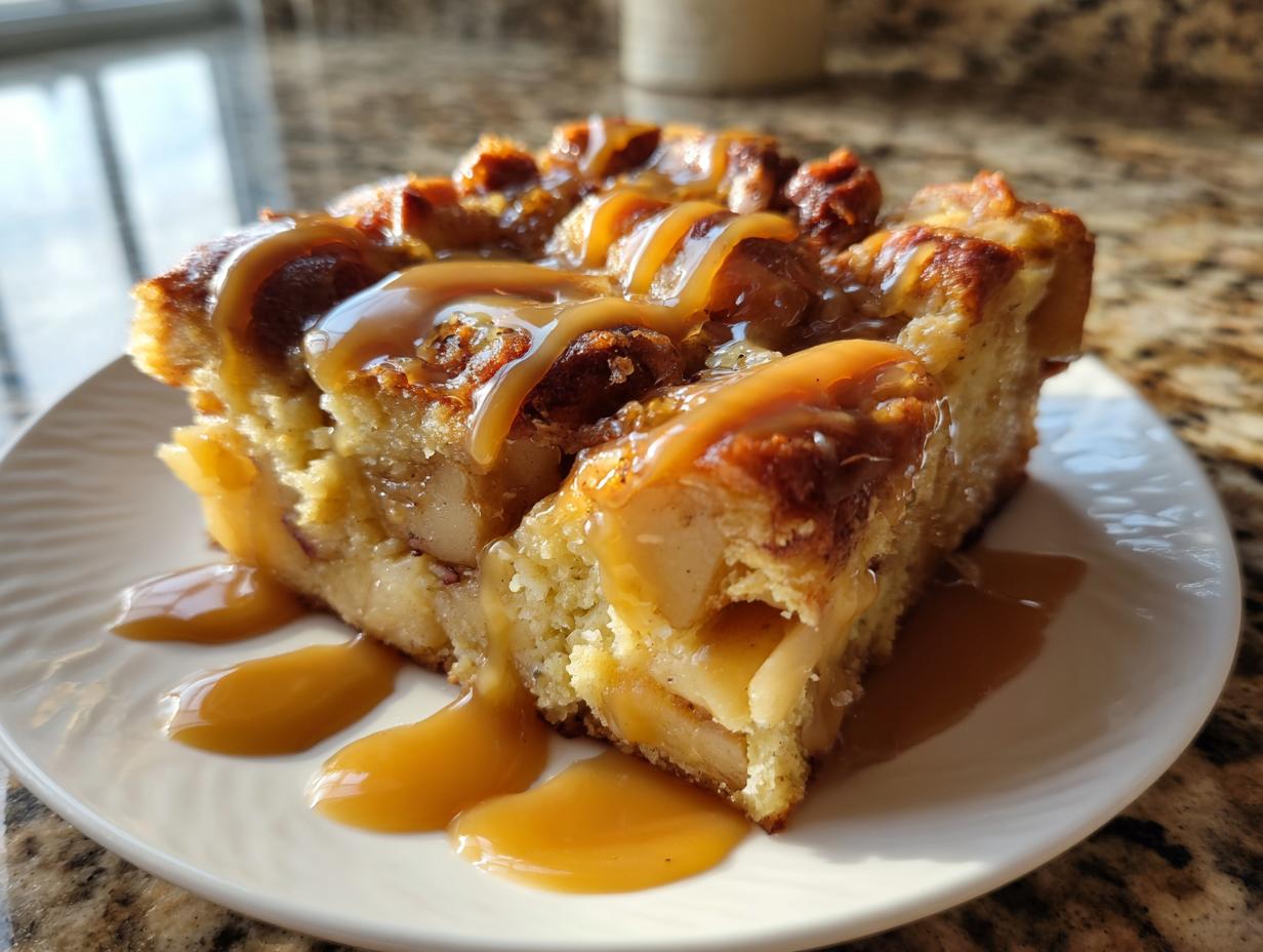 A close-up of a moist slice of apple bread pudding topped generously with rich caramel sauce.