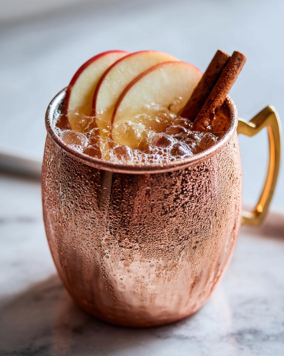 Close-up of a frosty copper mug filled with an apple cider moscow mule, garnished with apple slices and a cinnamon stick.