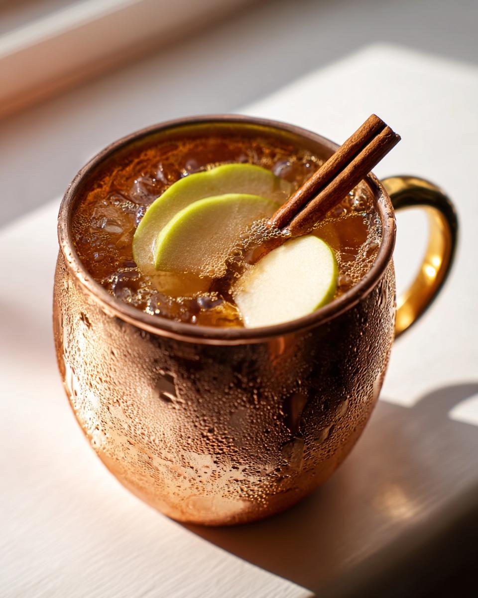 Close-up of a frosty copper mug filled with an apple cider moscow mule, garnished with apple slices and a cinnamon stick.