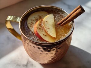 Close-up of an apple cider moscow mule garnished with apple slices and cinnamon sticks in a hammered copper mug.