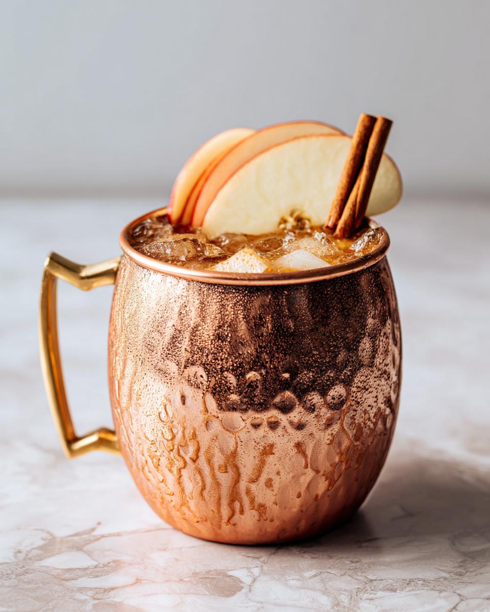 A close-up of an apple cider moscow mule cocktail served in a hammered copper mug, garnished with apple slices and cinnamon sticks.
