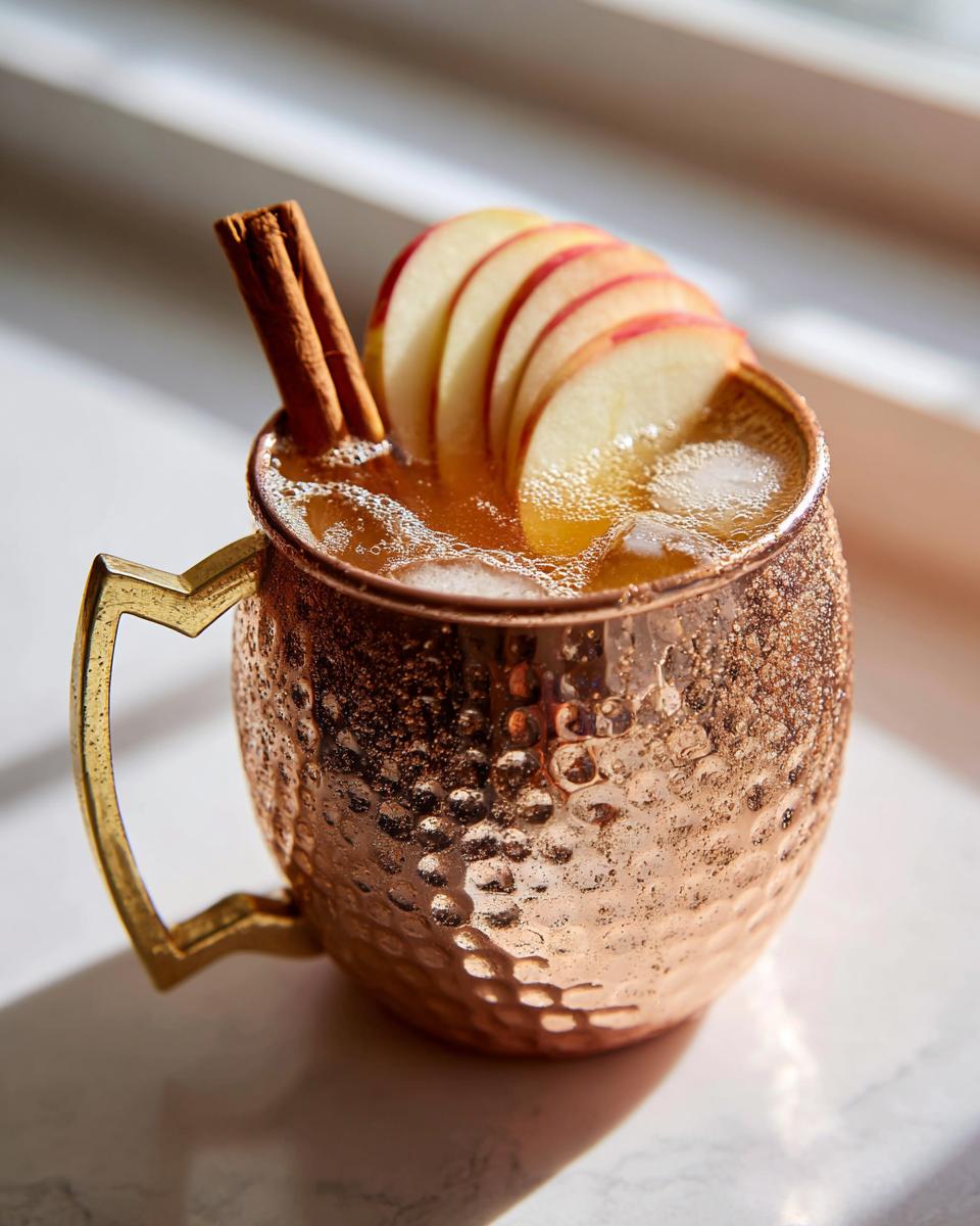A refreshing apple cider Moscow mule served in a hammered copper mug, garnished with apple slices and cinnamon sticks.