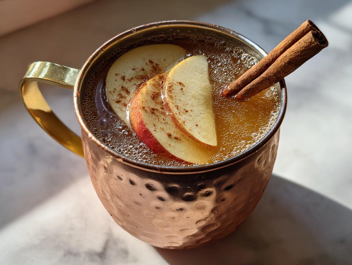 Close-up of an apple cider moscow mule garnished with apple slices and cinnamon sticks in a hammered copper mug.