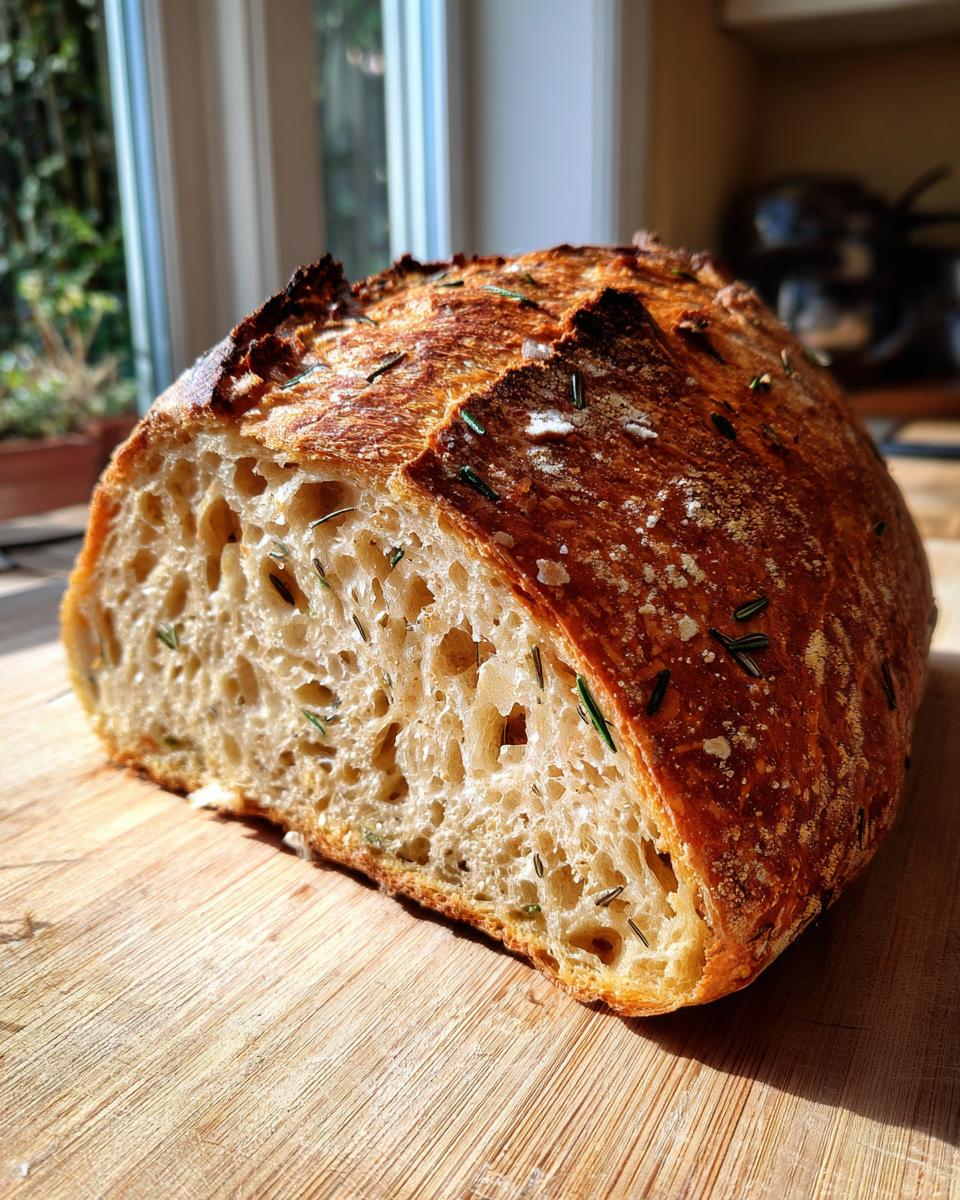 A close-up of a freshly baked artisan bread loaf, sliced open to show the open crumb structure and embedded rosemary.
