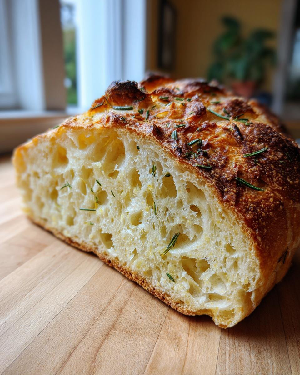 Close-up of the open crumb structure of an artisan bread loaf topped with rosemary.