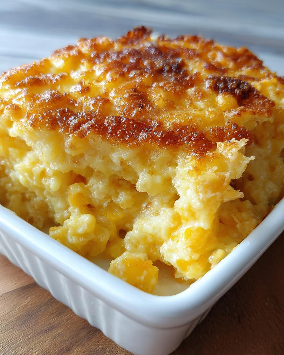 A close-up of a rich, golden-brown baked cream cheese corn casserole served in a white dish.