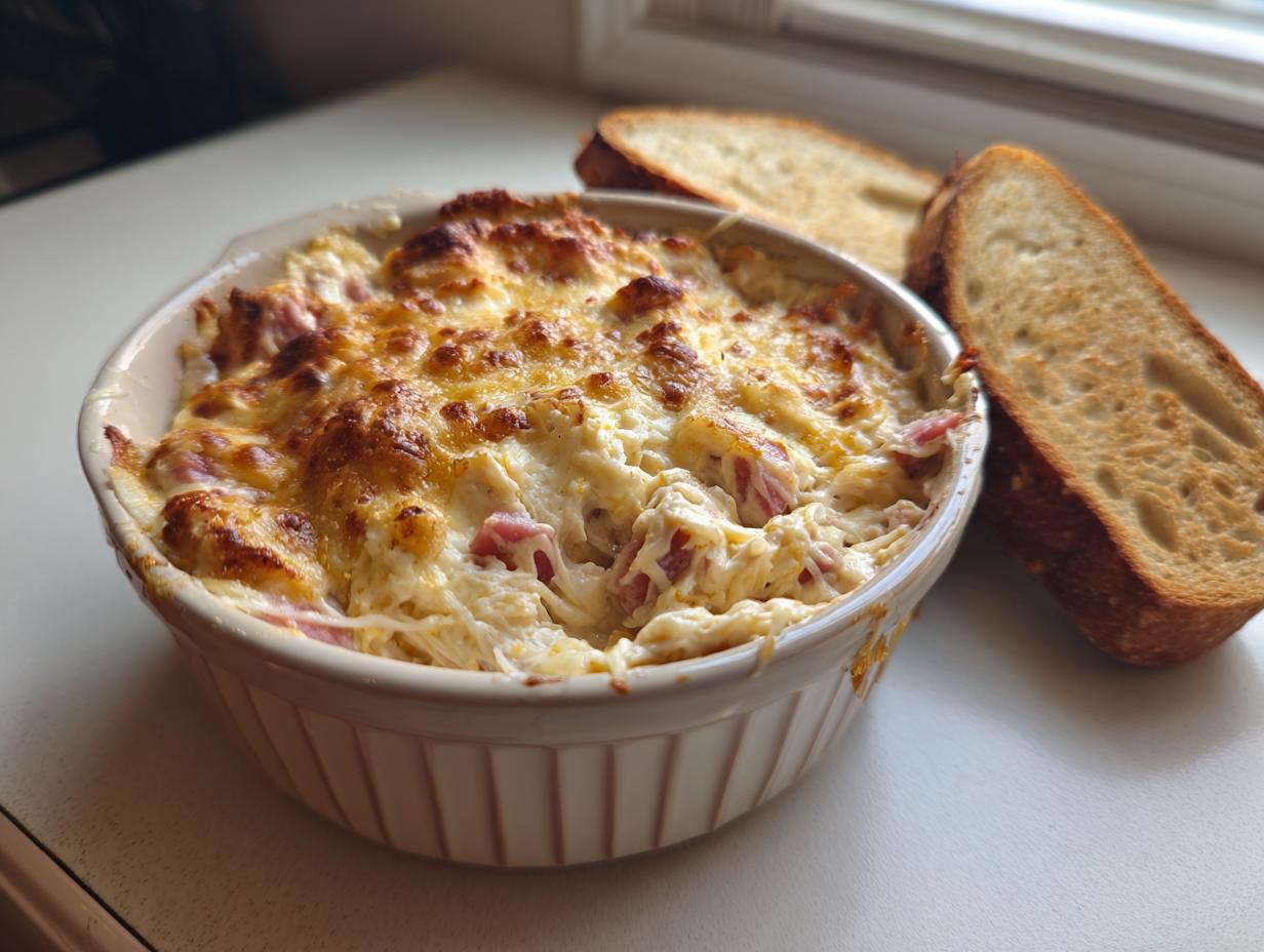 A close-up of a baked, bubbly Reuben dip in a white ramekin served with toasted bread slices.