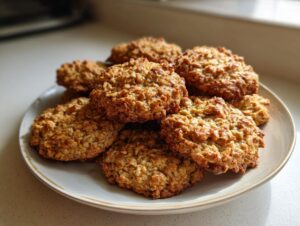 A plate piled high with freshly baked, golden brown banana oatmeal cookies, showing texture from the oats.